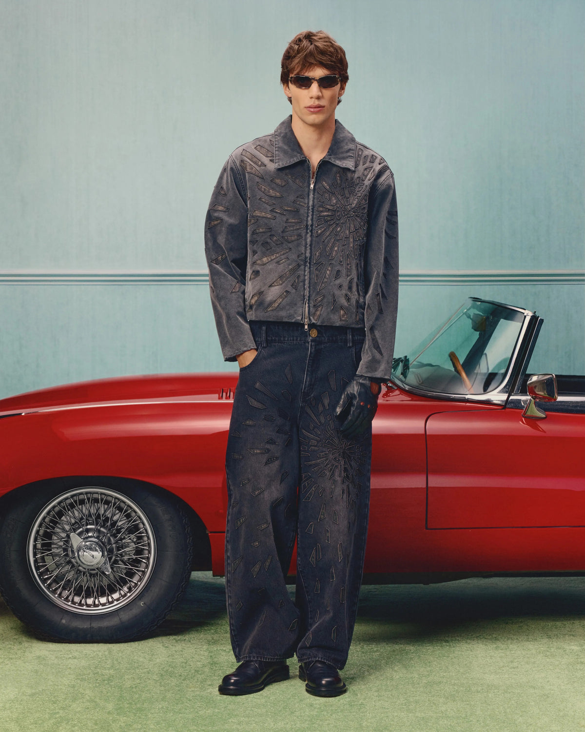 House Of Errors Smashed Leather Glass Jeans Washed Black worn by model