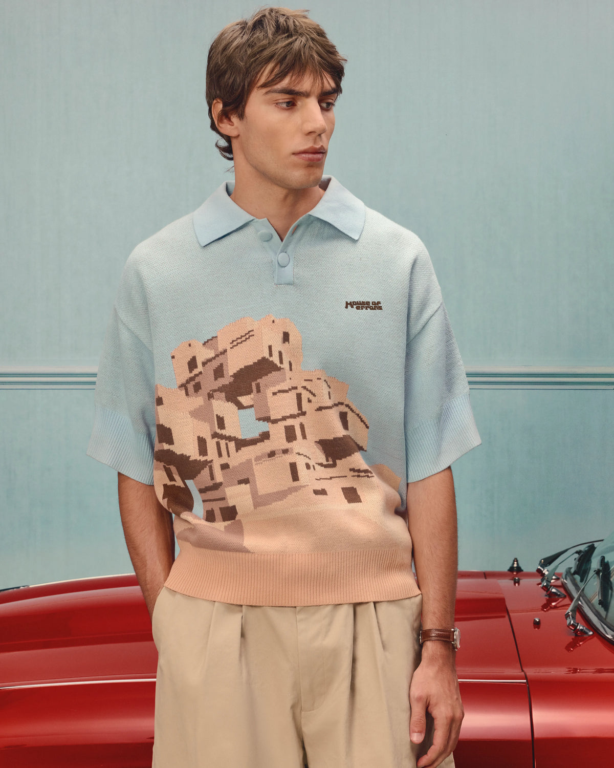 House Of Errors The Apartments Knitted Polo Blue worn by model