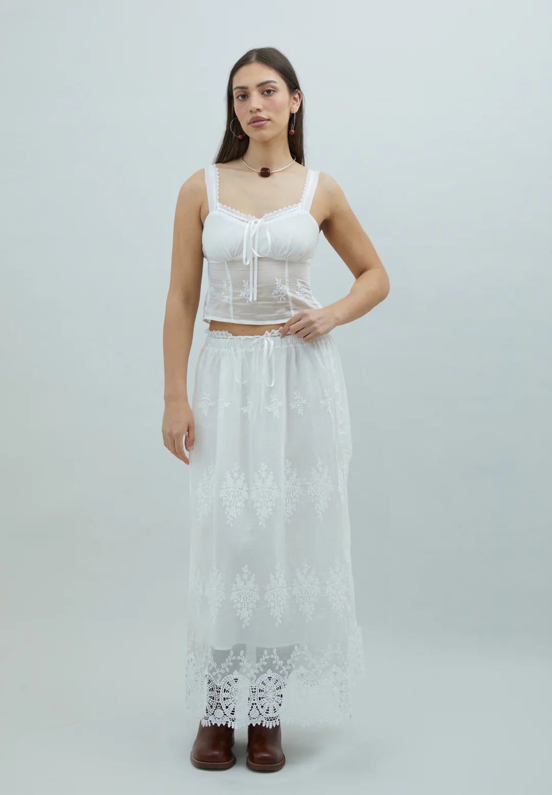 Model wearing House of Sunny Blossom Skirt Ivory