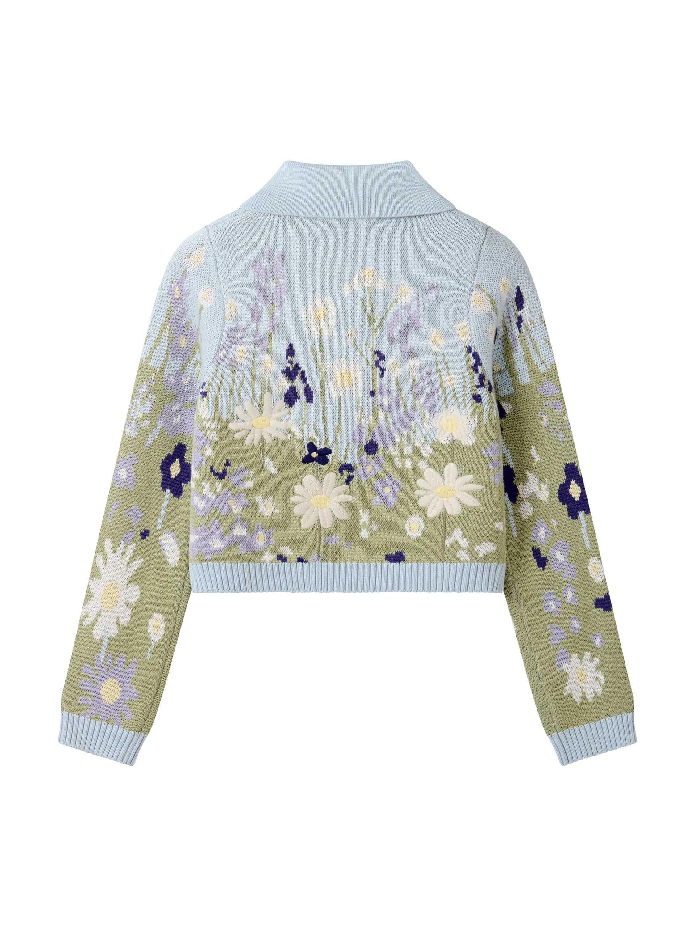 House of Sunny Bluebell Tripper knit cardigan back view floral design