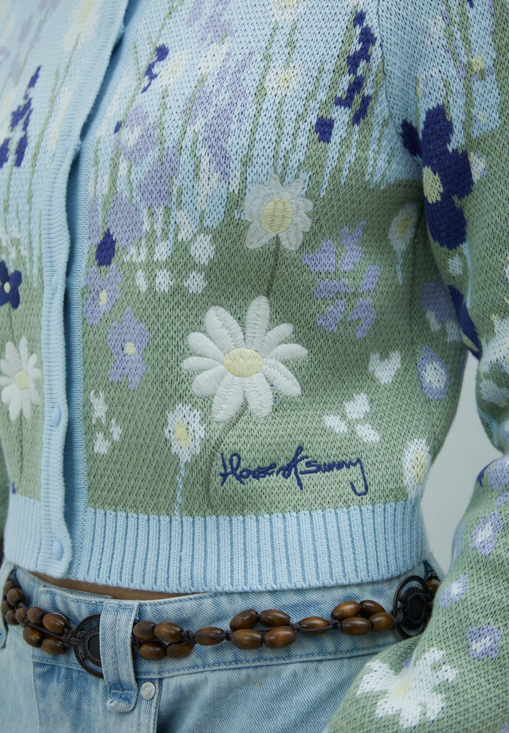 House of Sunny Bluebell Tripper knit cardigan floral landscape detail front view