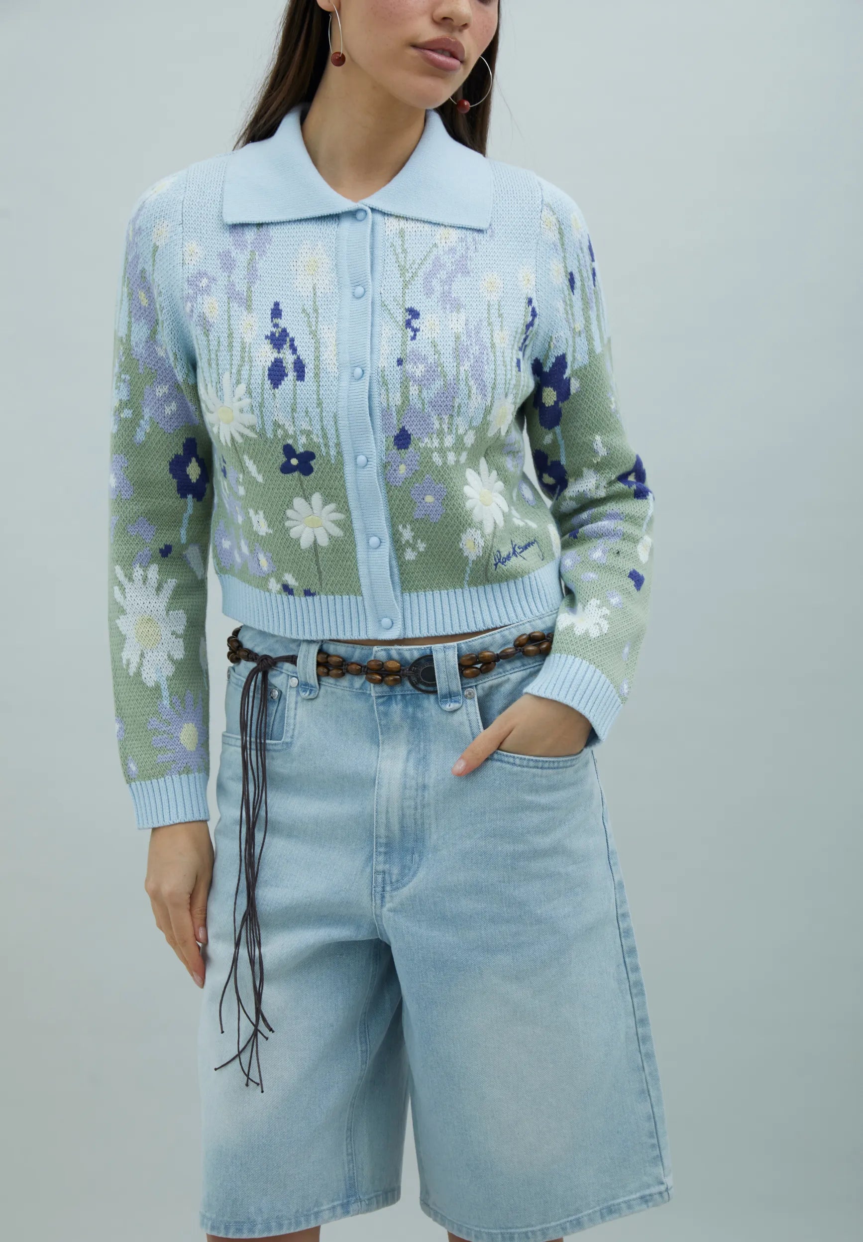 Model wearing House of Sunny Bluebell Tripper knit cardigan front view