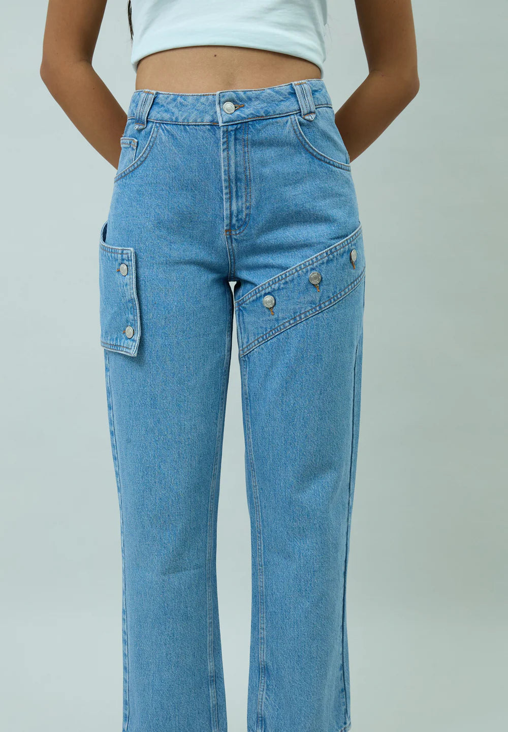 Front view of House of Sunny Cowboy Denim Jeans in Mid Blue Wash