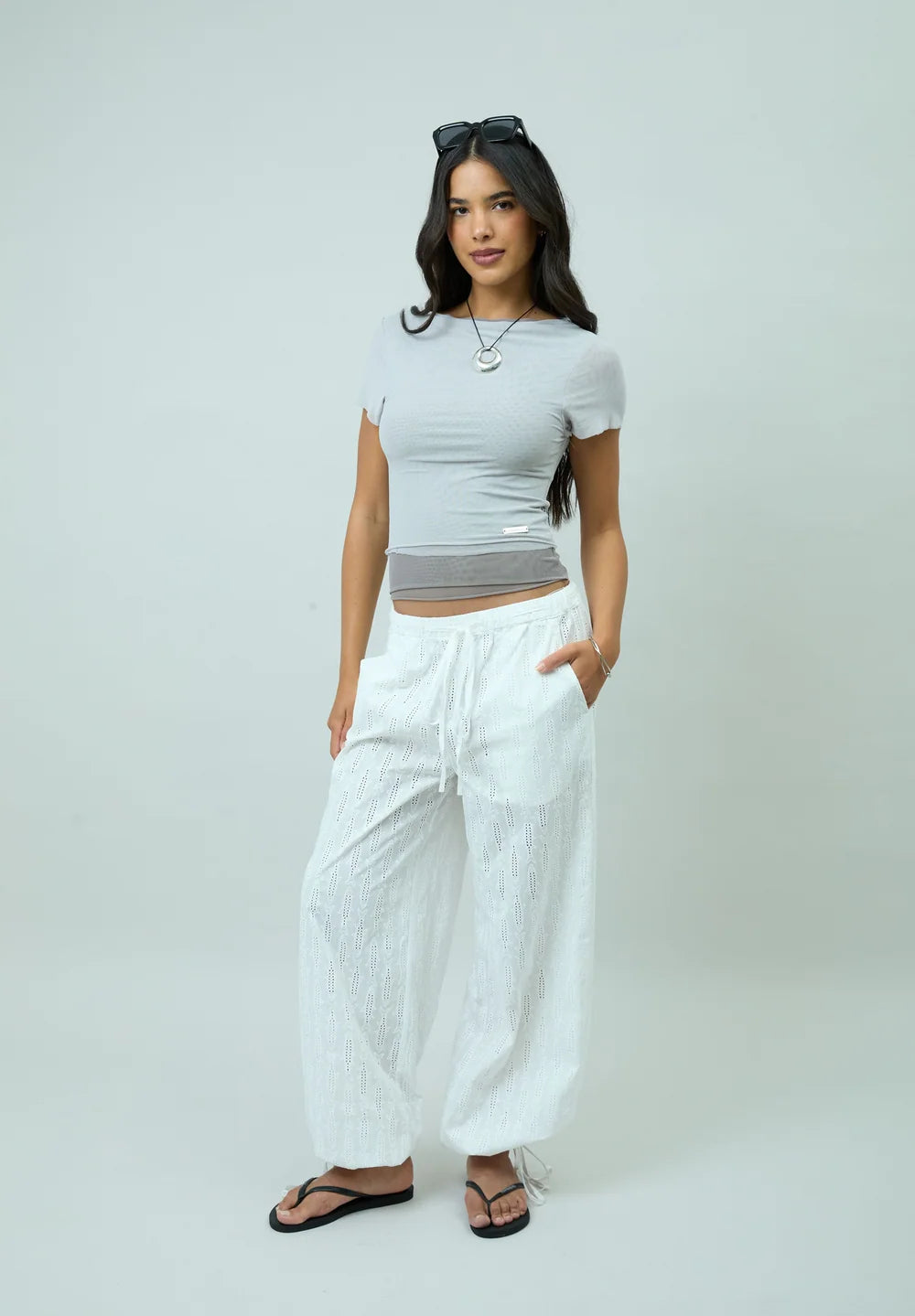 Full outfit featuring House of Sunny Double Layer Mesh Top in Grey
