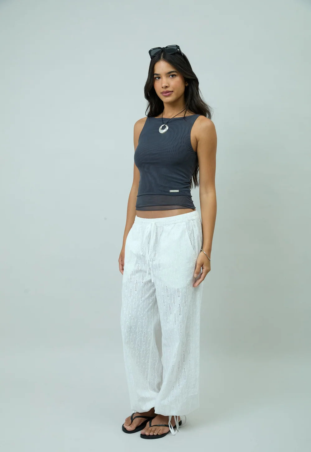 Full outfit featuring House of Sunny Double Layer Sleeveless Mesh Top in Steel Grey