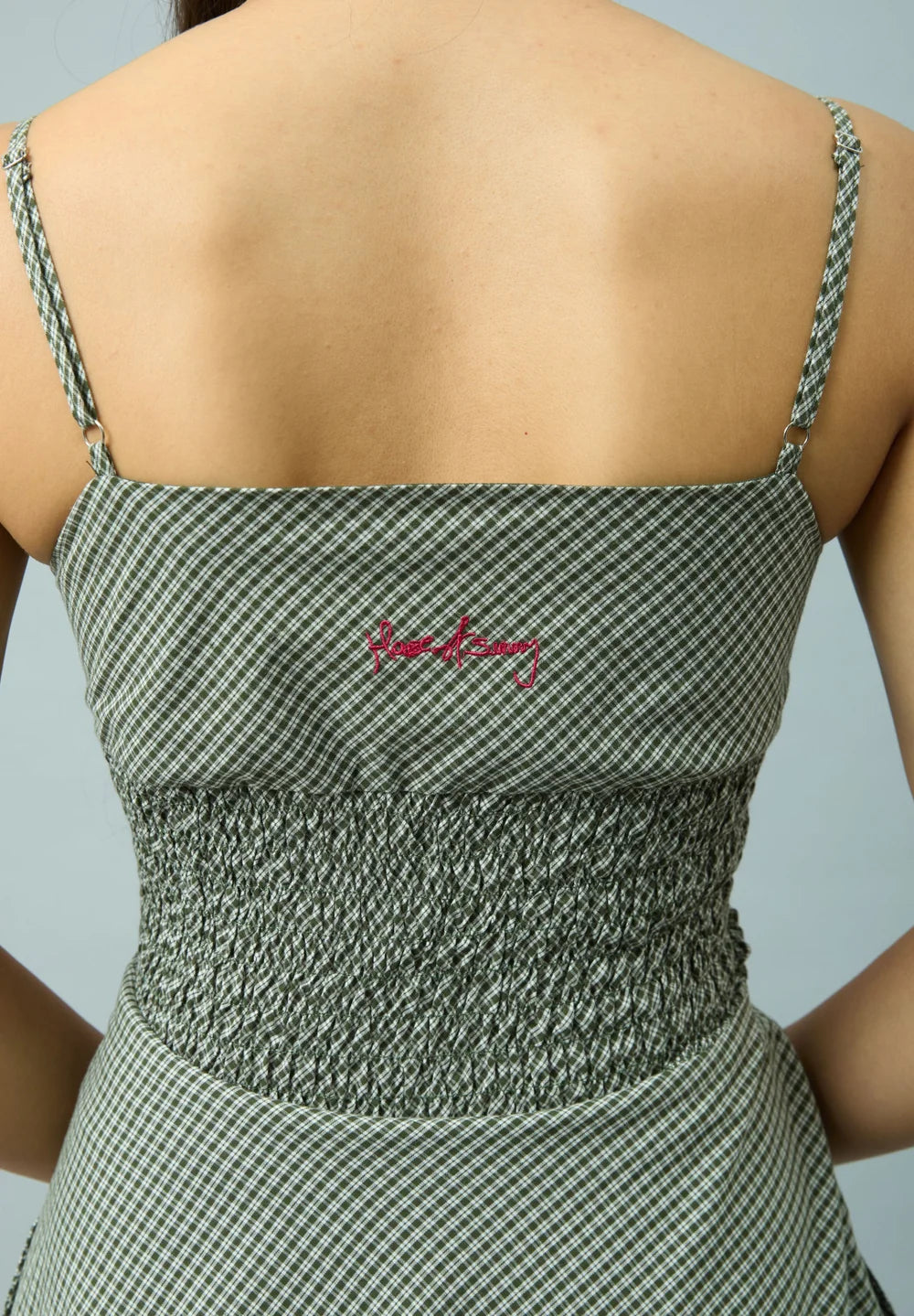 Smocked back detail of House of Sunny Gingham Balloon Cami Dress in Multi Check