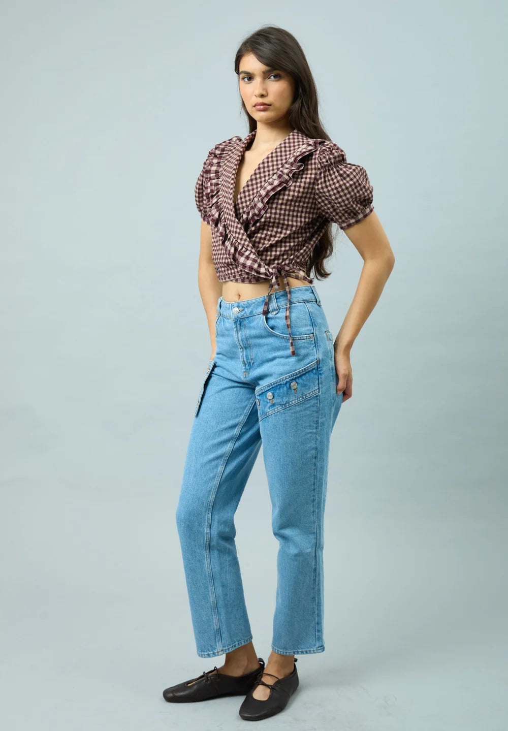 Full outfit featuring House of Sunny Gingham Ruffle Top