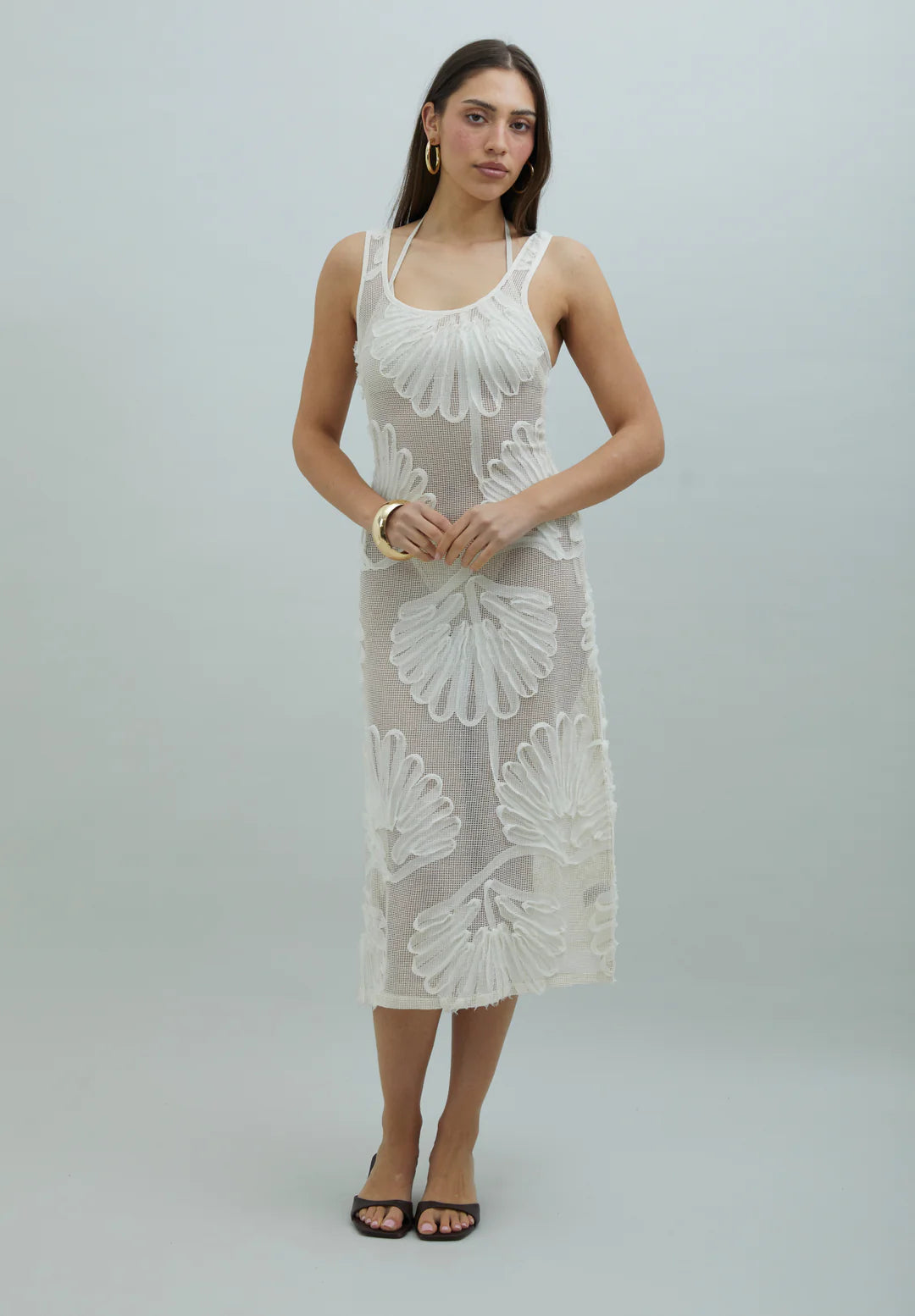 Model wearing House of Sunny Seashells Appliqué Hockney Dress in Ivory