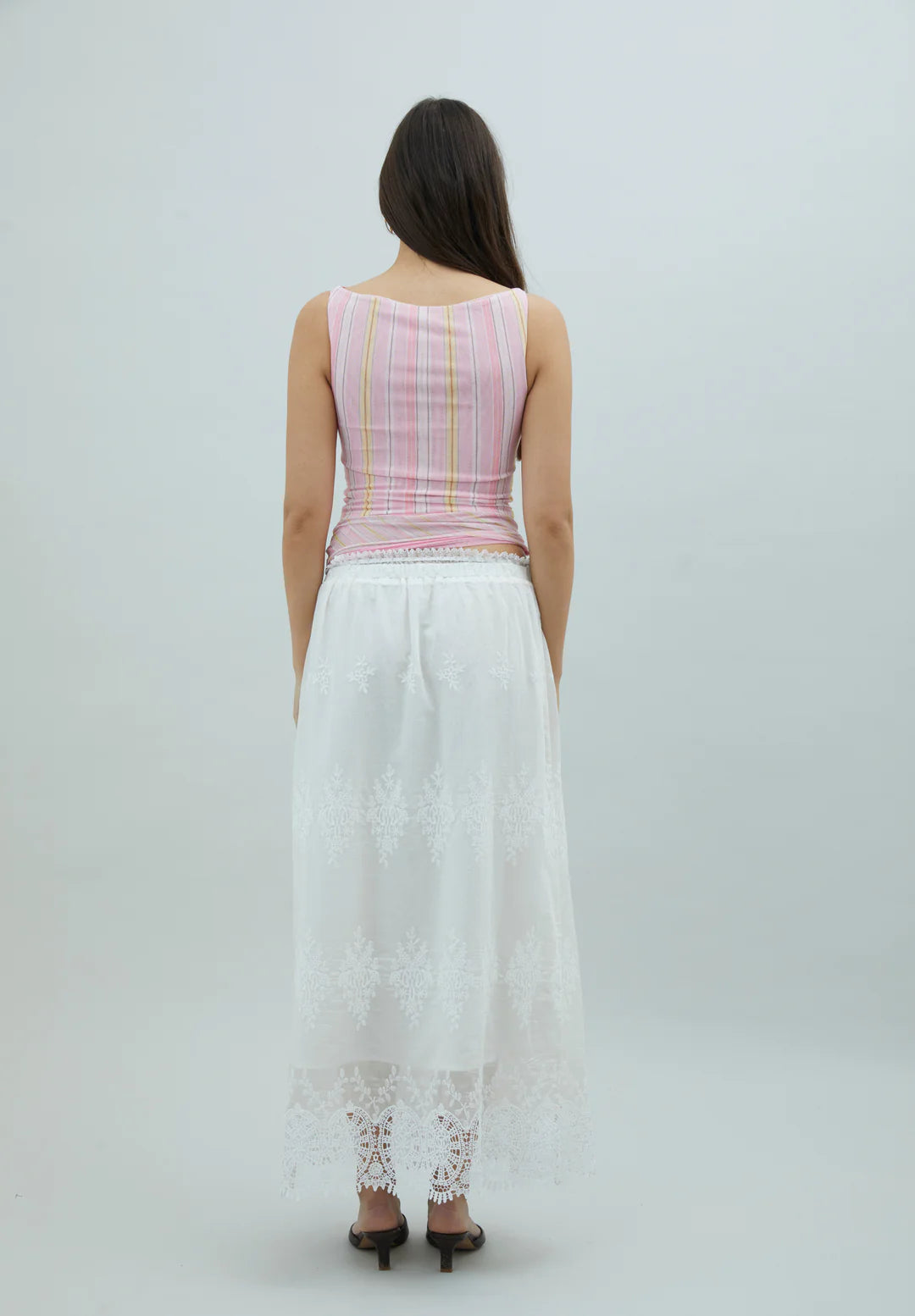 Full back view of House of Sunny Striped Mesh Top in Blush