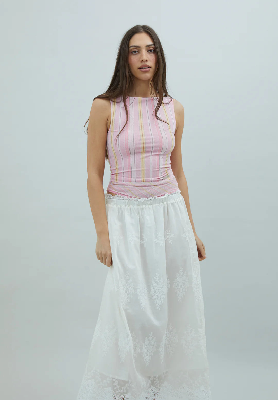 Back view of House of Sunny Striped Mesh Top in Blush