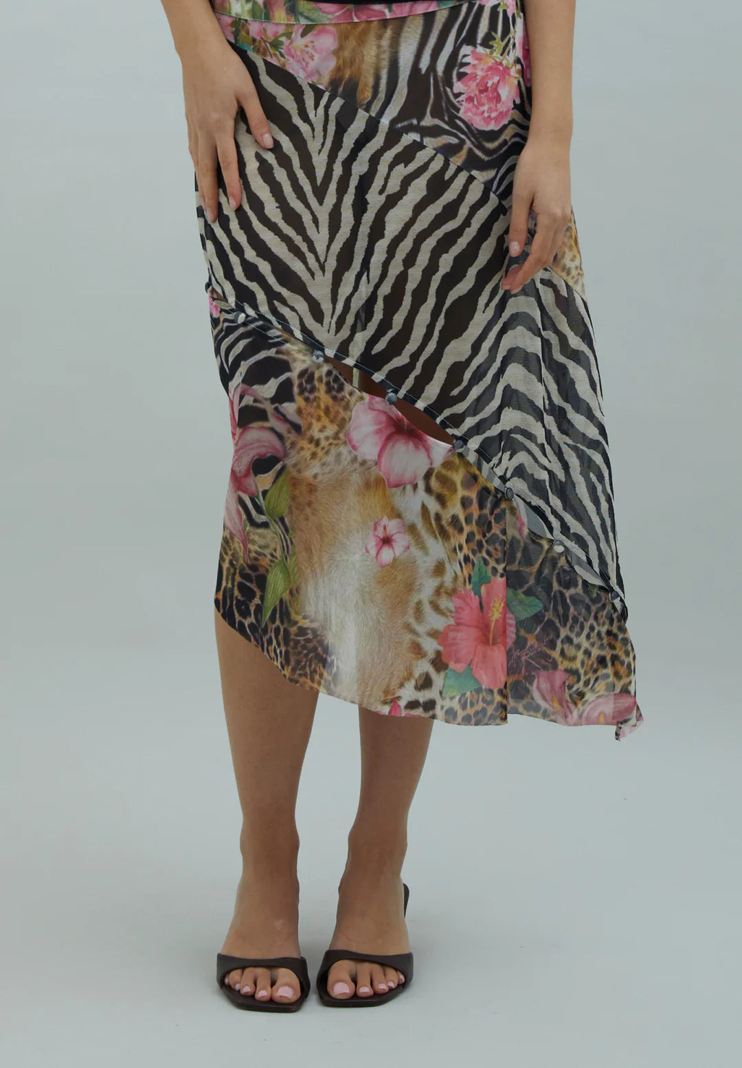 Model wearing House of Sunny Tropical Mesh Skirt Multi