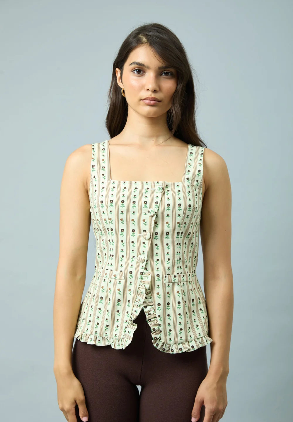 Front view of House of Sunny Vintage Rose Top in Oat