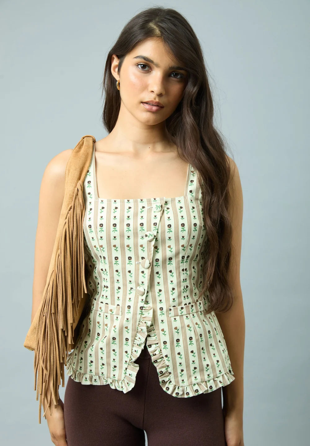 Full outfit featuring House of Sunny Vintage Rose Top in Oat