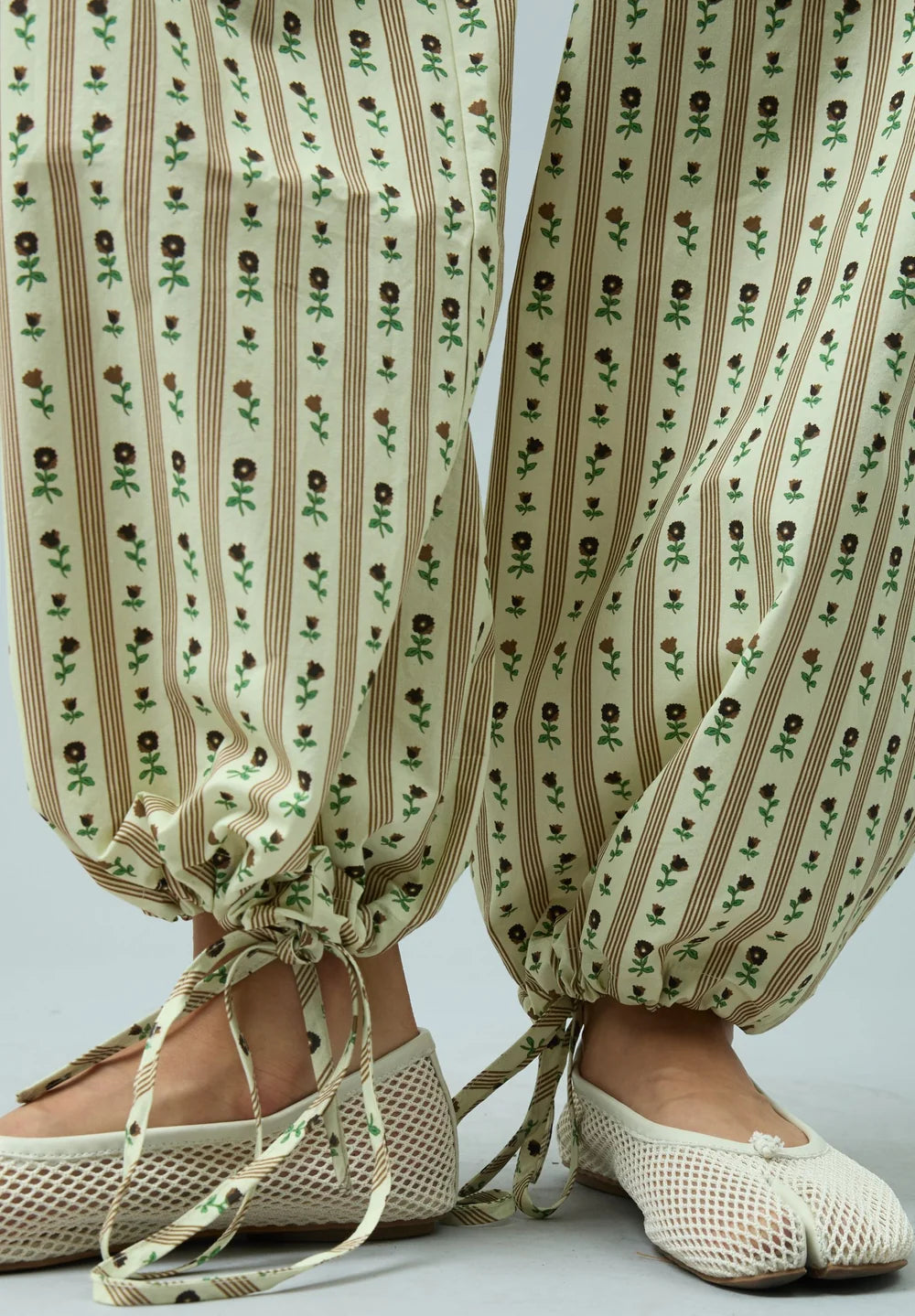 Adjustable drawstring hem detail of House of Sunny Vintage Rose Trouser in Oat