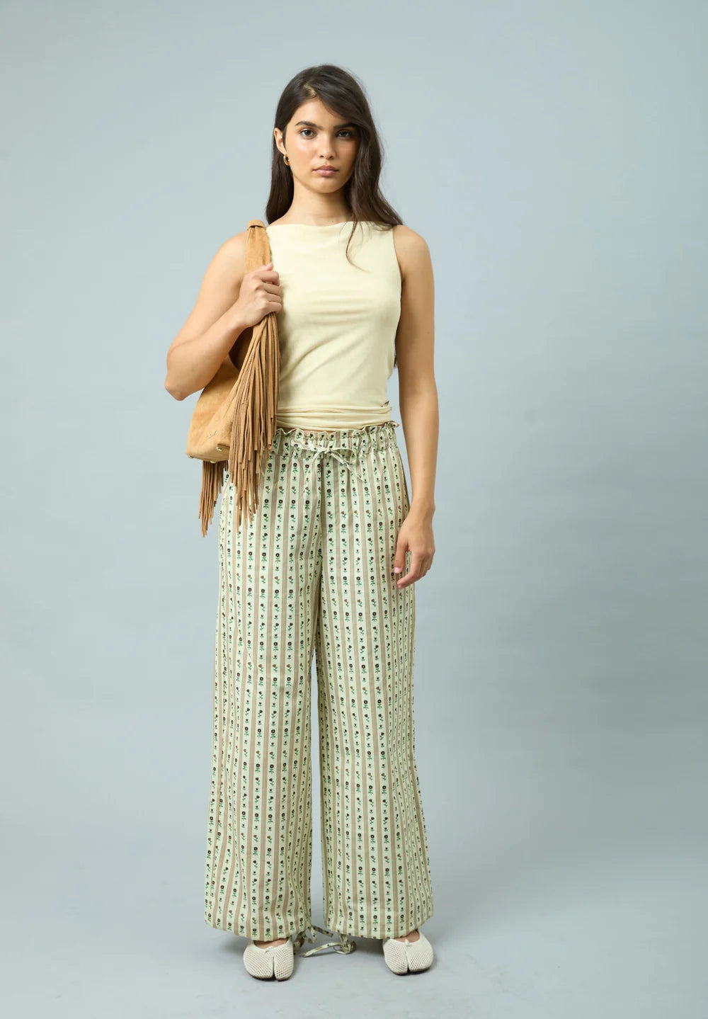 Full outfit featuring House of Sunny Vintage Rose Trouser in Oat