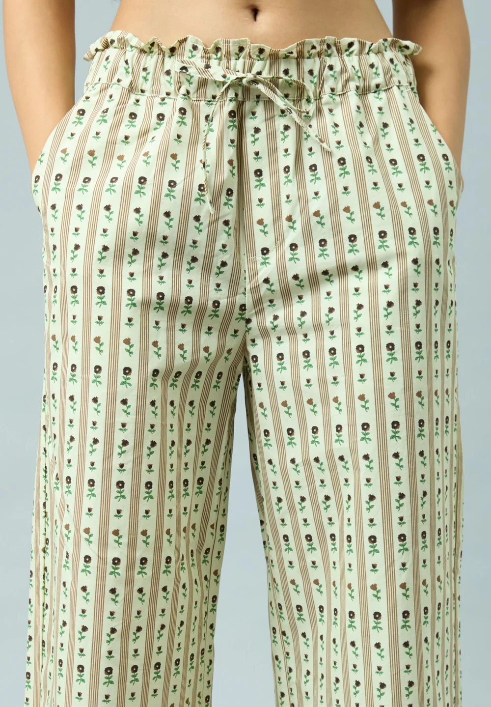 Elasticated paperbag waistband detail of House of Sunny Vintage Rose Trouser in Oat