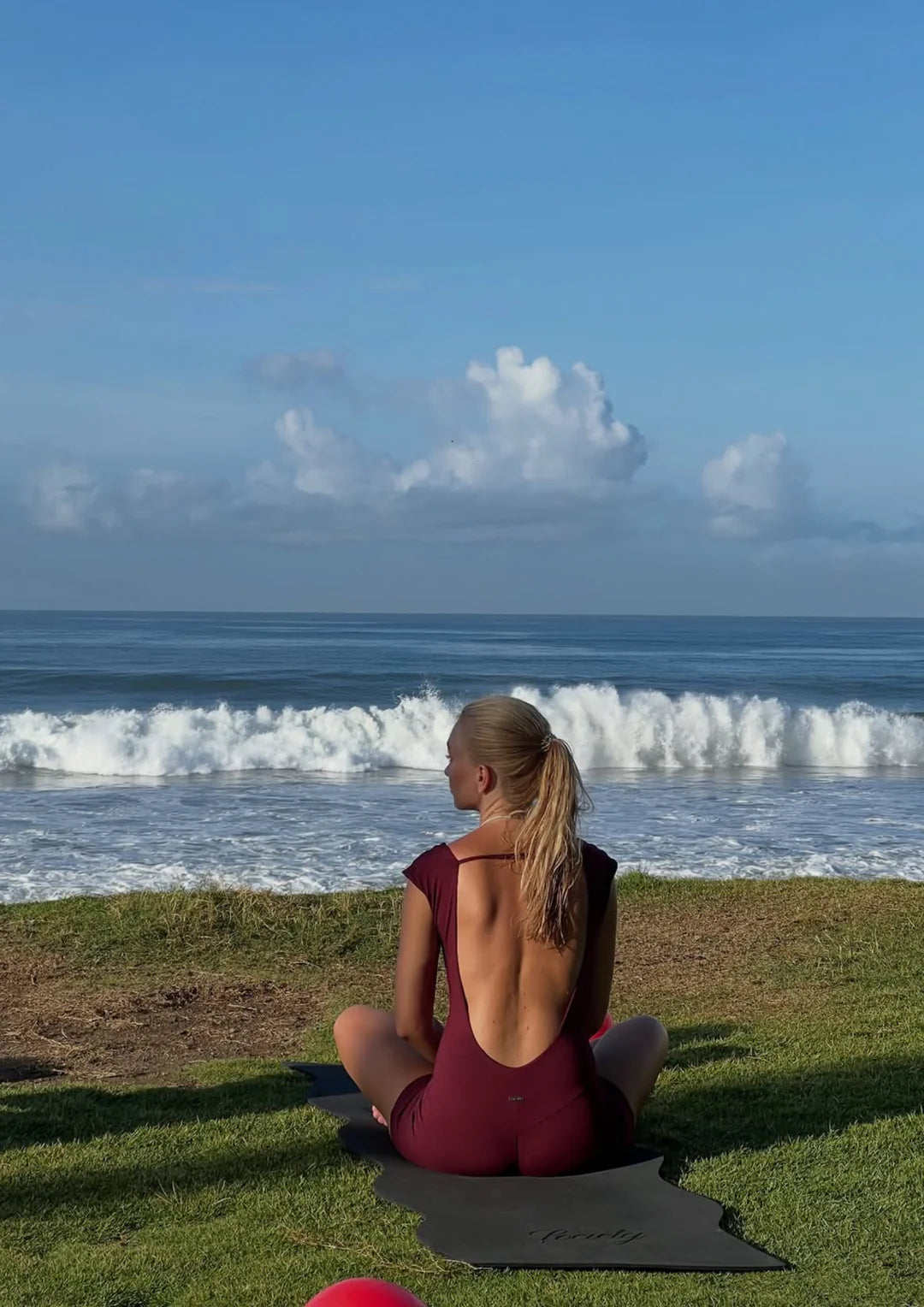 Kamari Backless Onesie WearRame Bali burgundy back view beach