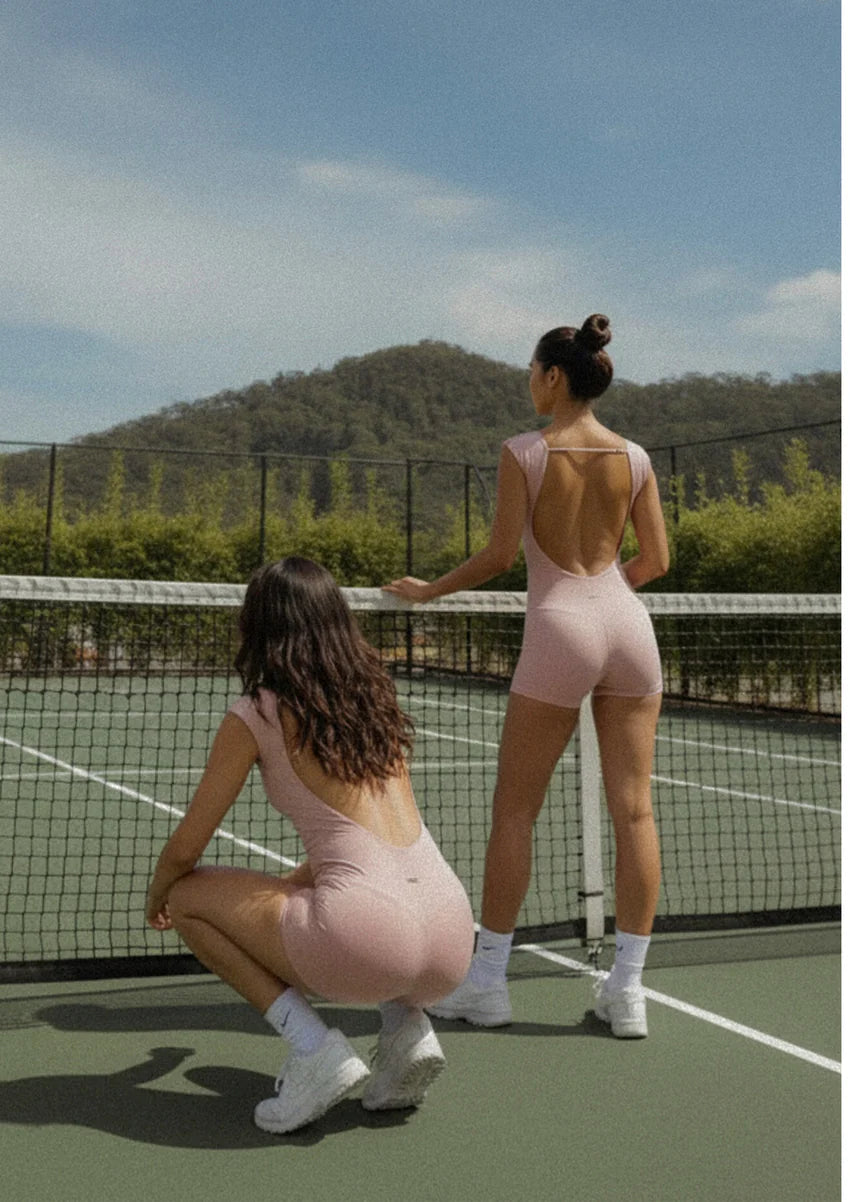 Kamari Backless Onesie WearRame Bali pink outdoor back view
