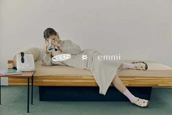 Model wearing KEEN x emmi HYPERPORT H2 Birch Dark Earth