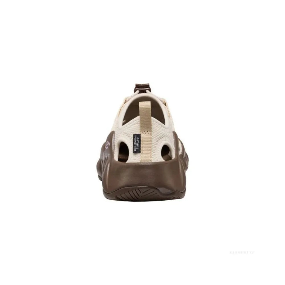 Heel view of KEEN x emmi HYPERPORT H2 Birch Dark Earth