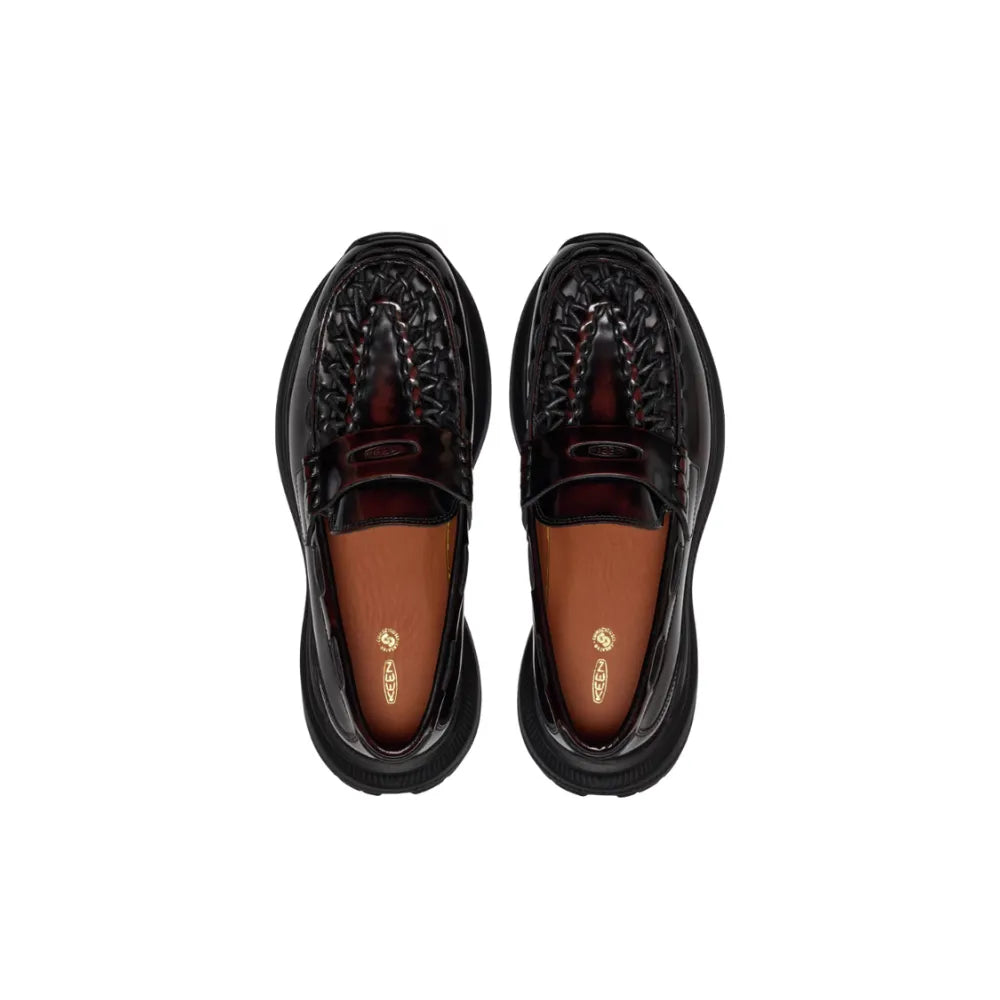 Pair of Keen UNEEK Loafer WK shoes in Cordovan viewed from above
