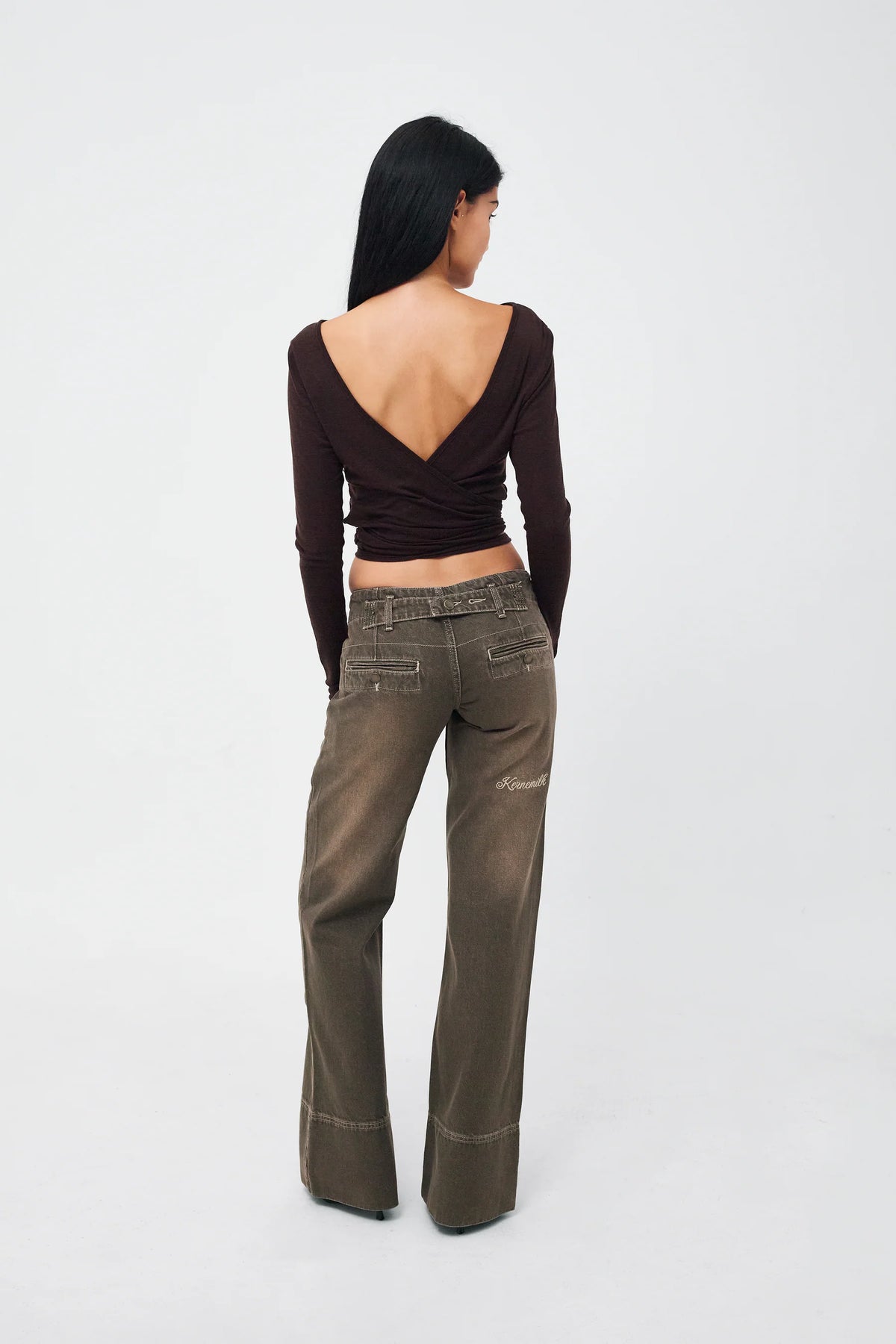Back view of Kernemilk Karli Jeans in Dusty Green worn