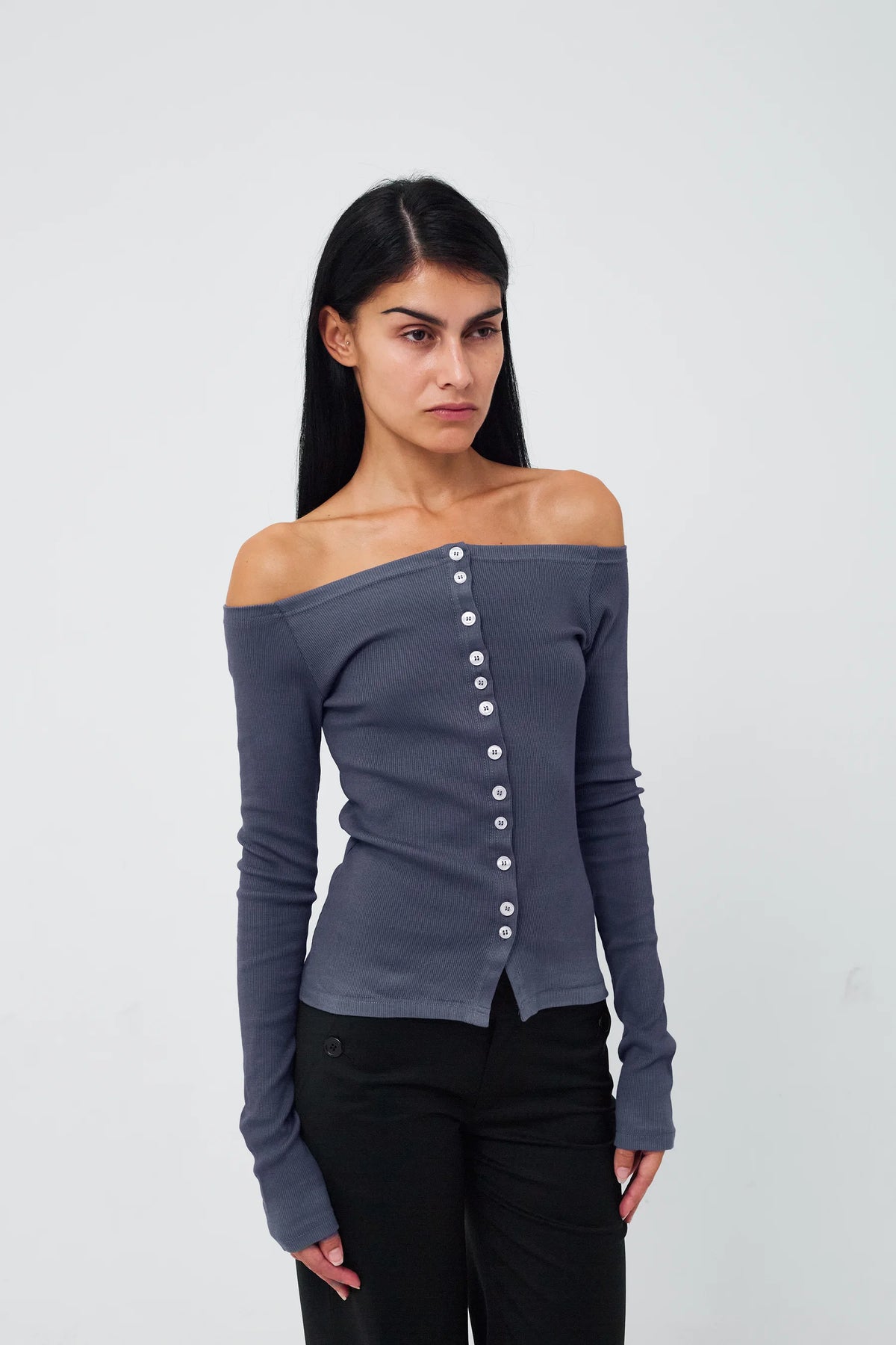 Kernemilk Matilda Cardigan in Dusty Blue worn
