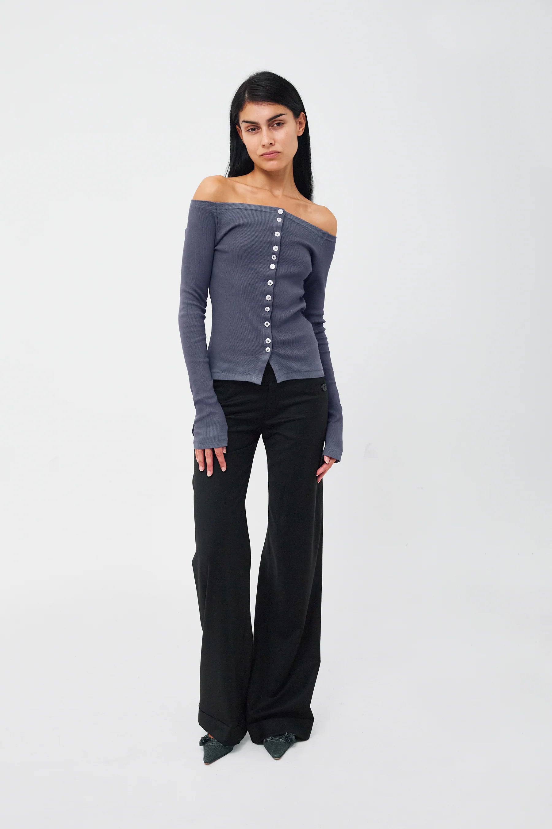 Kernemilk Matilda Cardigan in Dusty Blue full look