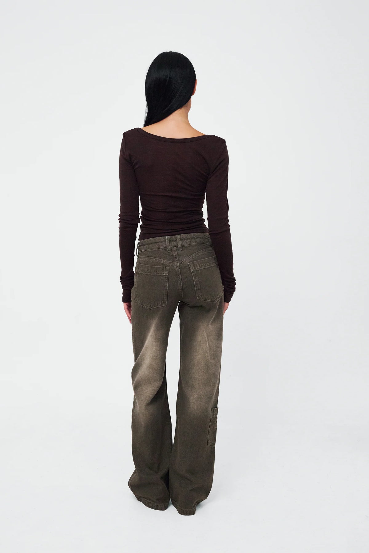 Back view of Kernemilk Mia Jeans in Dusty Green worn