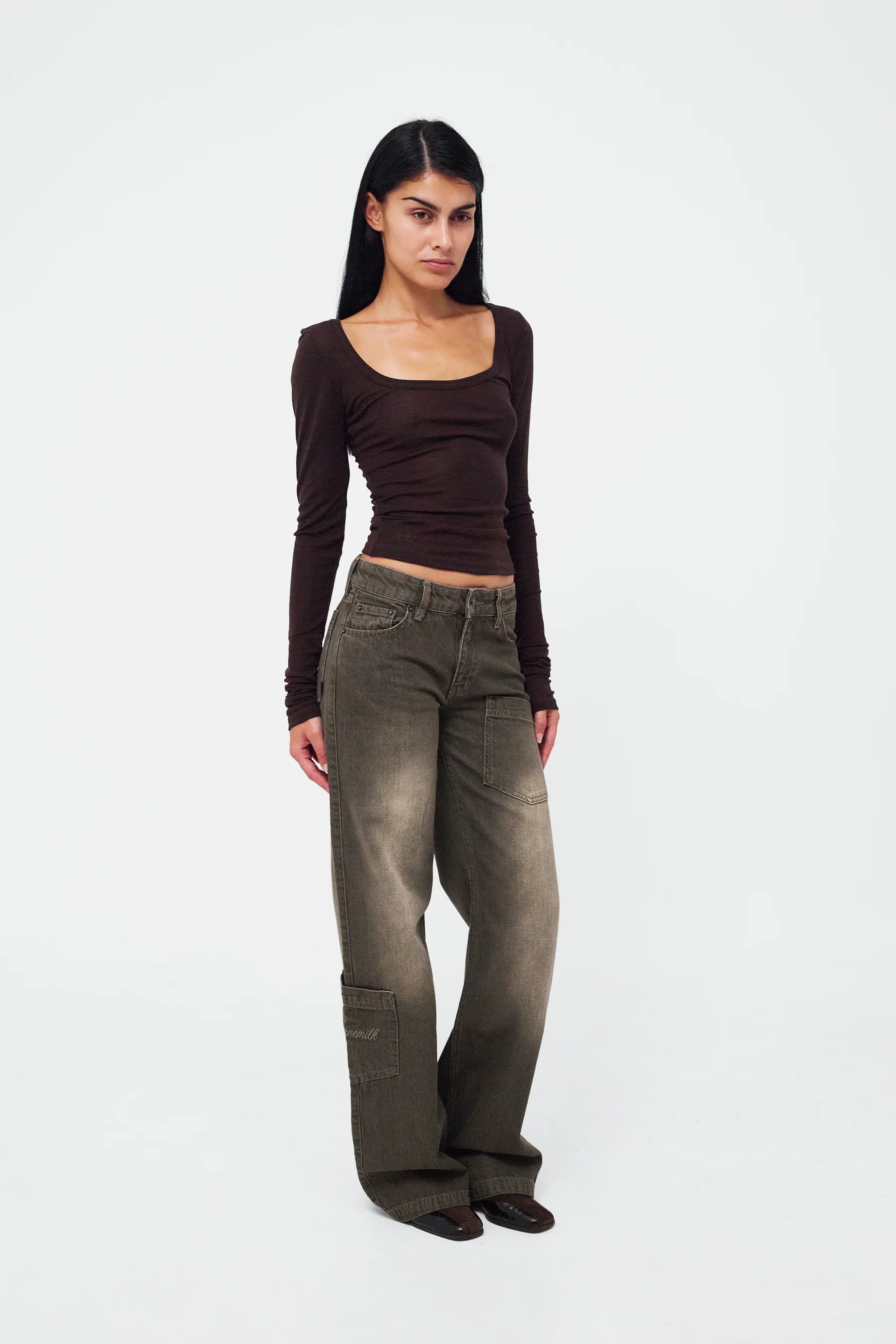 Front view of Kernemilk Mia Jeans in Dusty Green worn