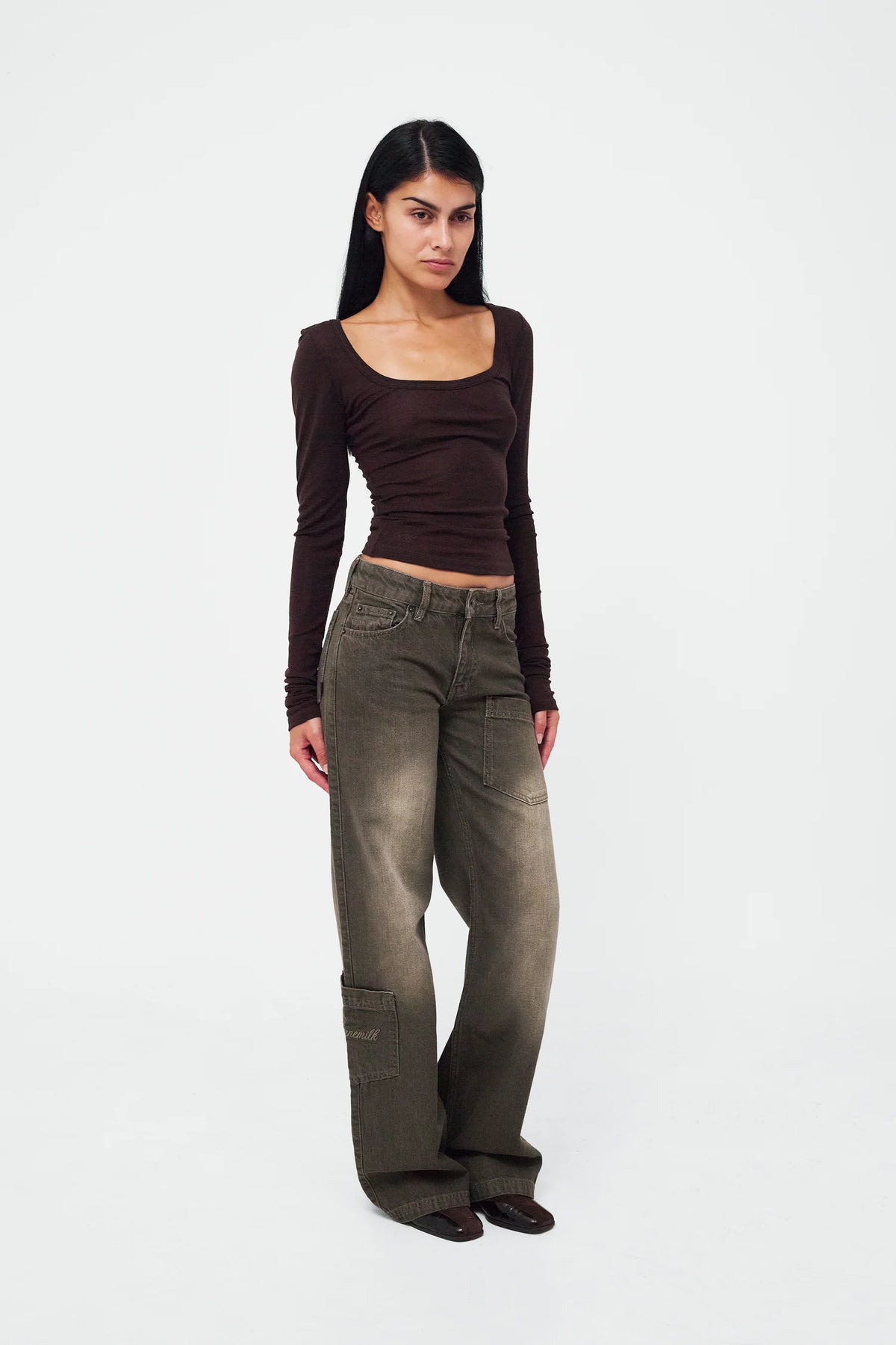 Front view of Kernemilk Mia Jeans in Dusty Green worn