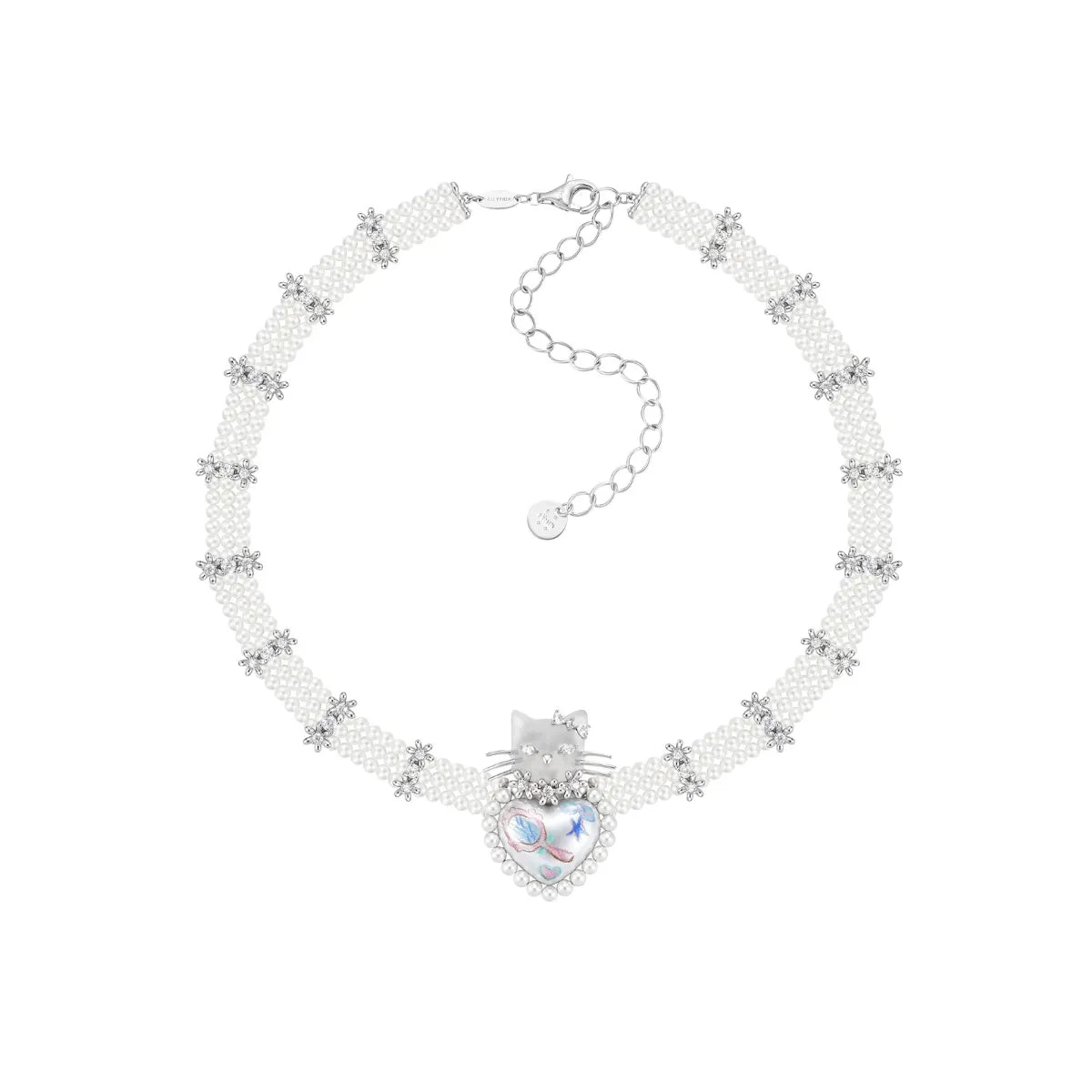 Kitten Heart Shaped Pearl Necklace Silver