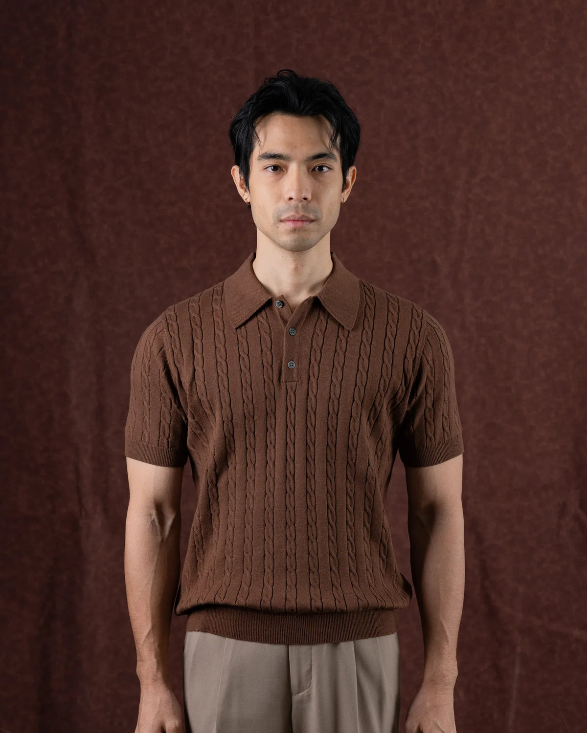 MadetoMature Cable Knitted Polo Chestnut