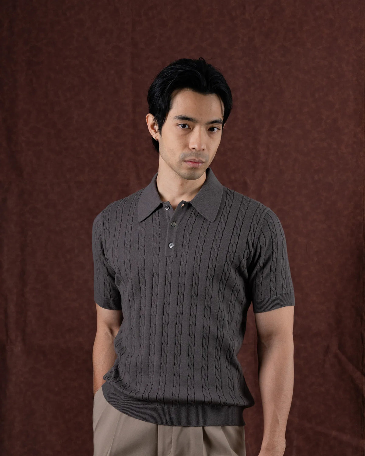 MadetoMature Cable Knitted Polo Smoke Grey