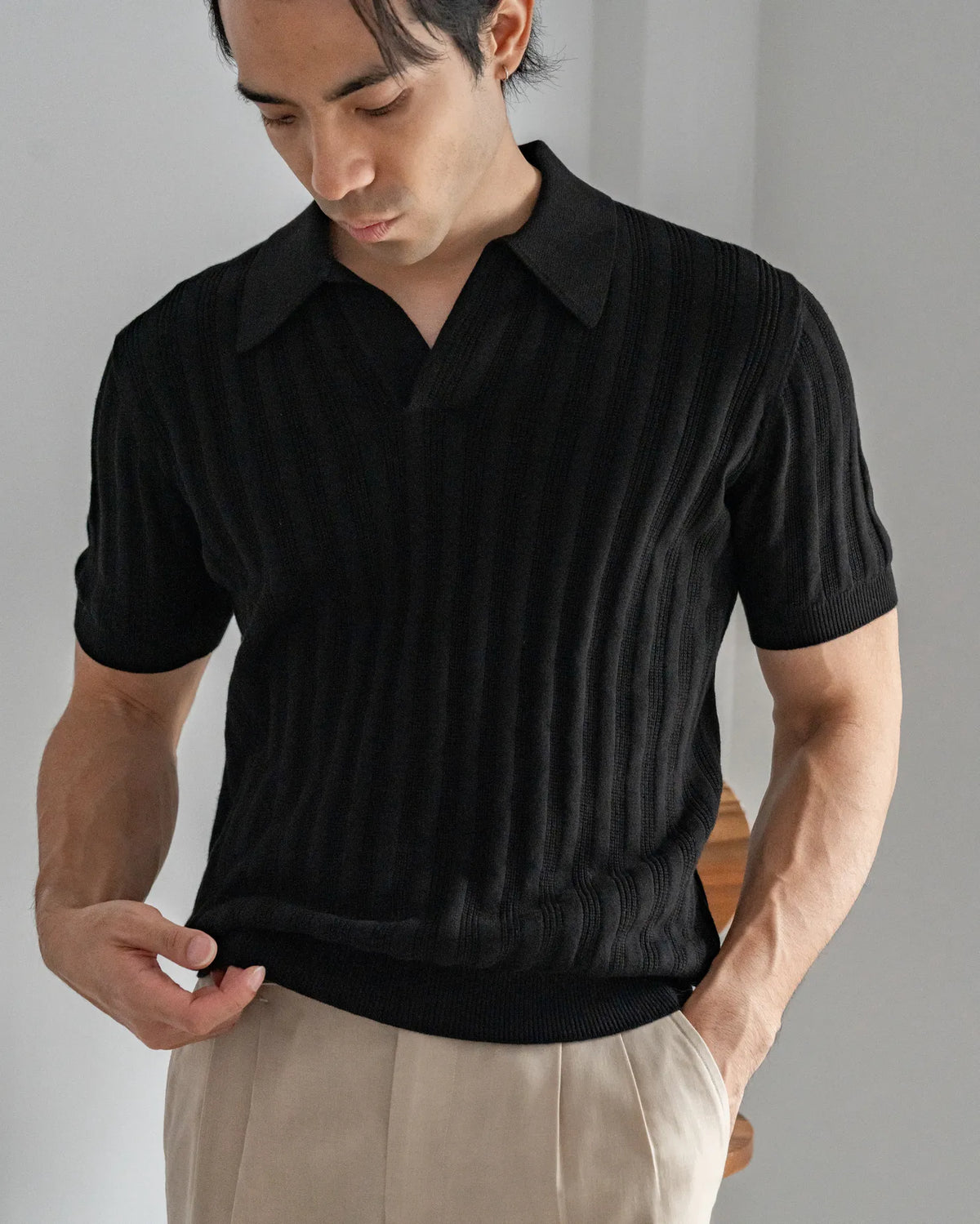MadetoMature Stripe Textured Knitted Skipper Polo Black