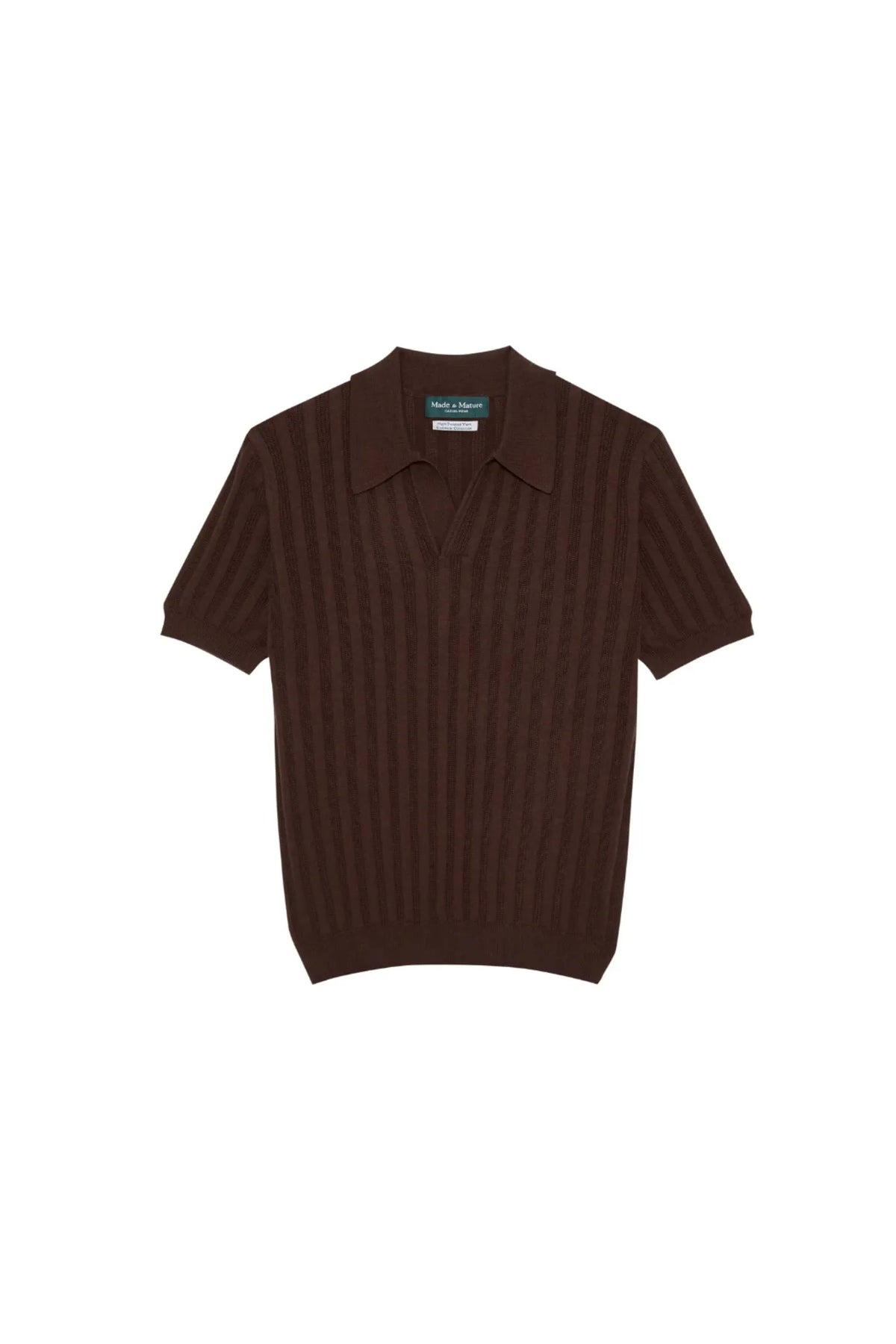 MadetoMature Stripe Textured Knitted Skipper Polo Brown