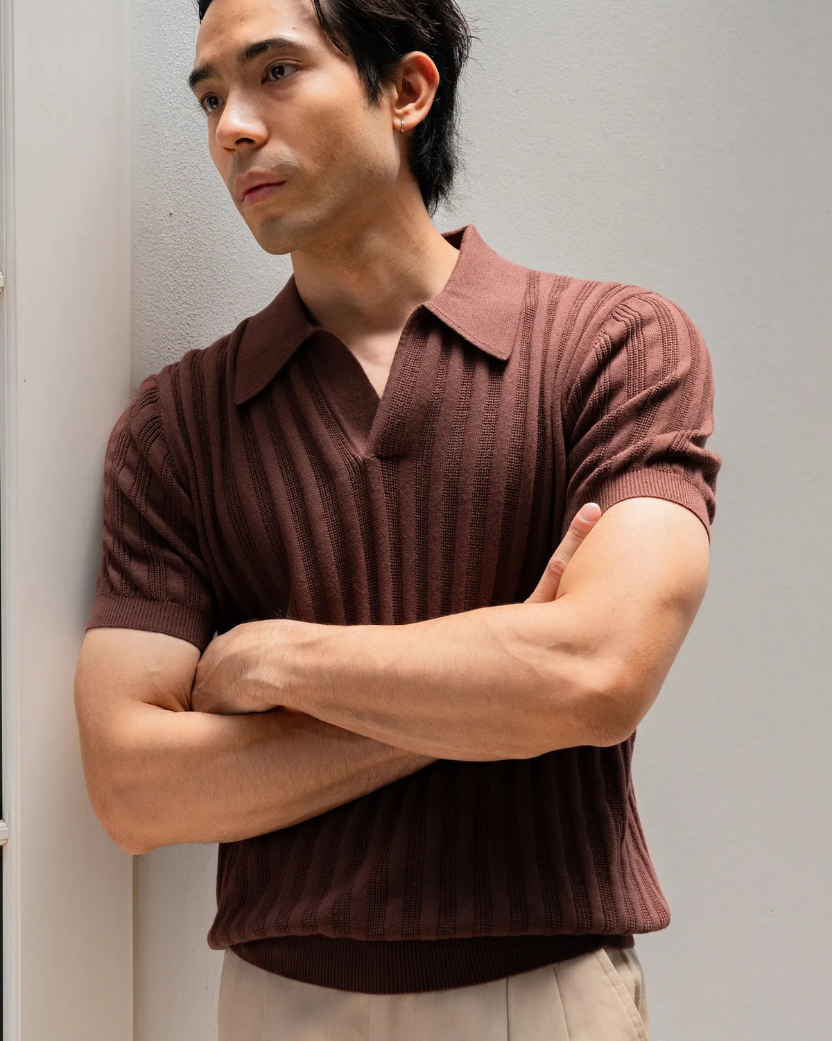 MadetoMature Stripe Textured Knitted Skipper Polo Brown