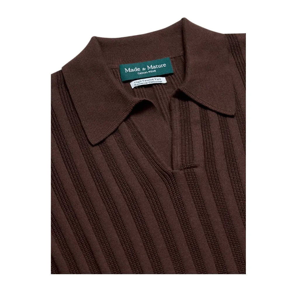 MadetoMature Stripe Textured Knitted Skipper Polo Brown