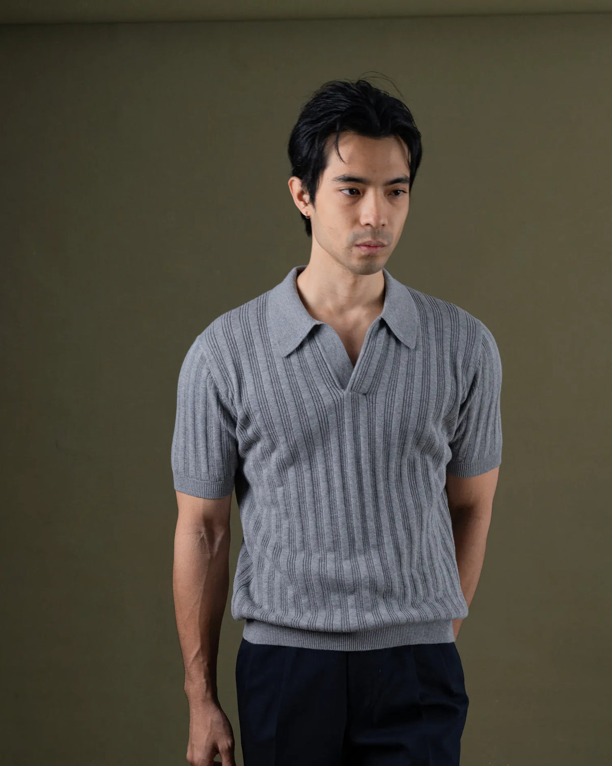 MadetoMature Stripe Textured Knitted Skipper Polo Grey