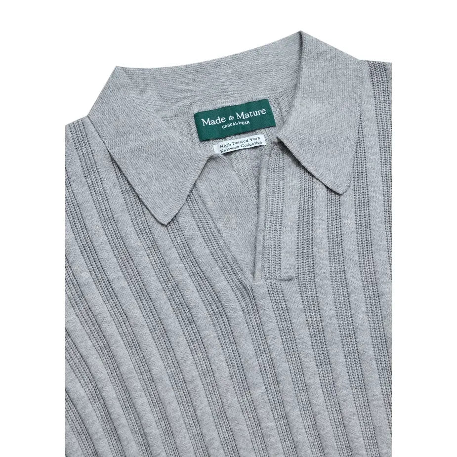MadetoMature Stripe Textured Knitted Skipper Polo Grey