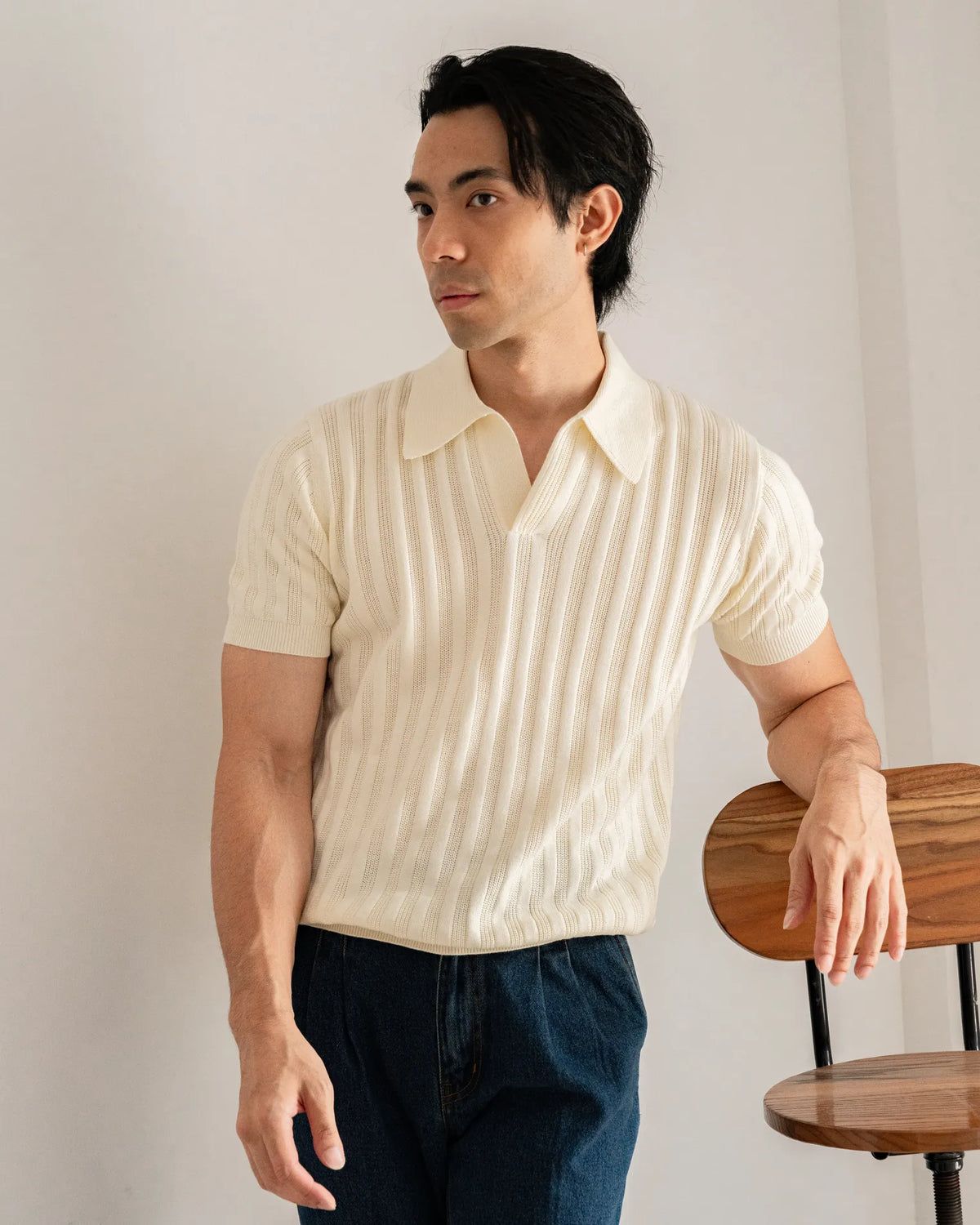MadetoMature Stripe Textured Knitted Skipper Polo Ivory