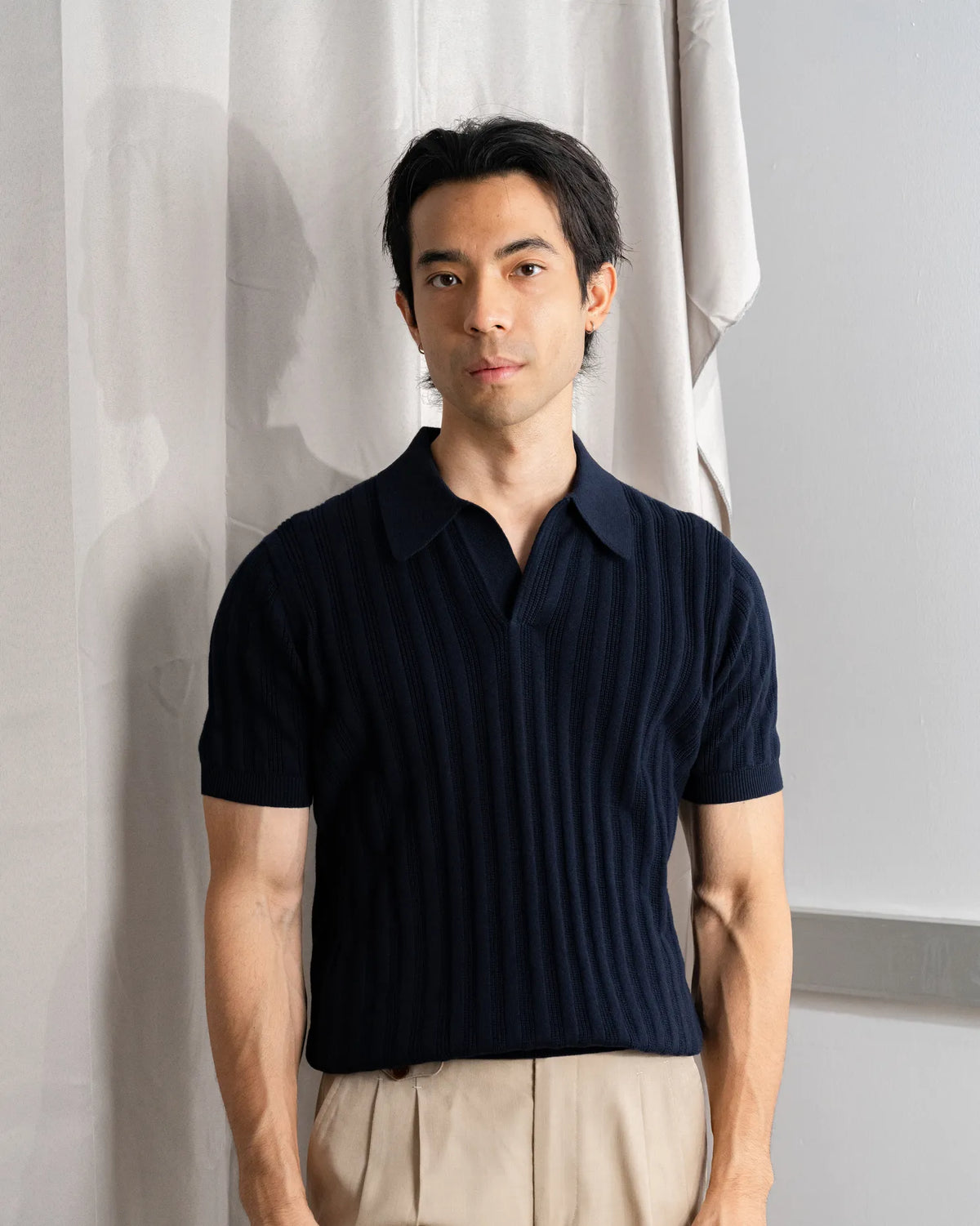 MadetoMature Stripe Textured Knitted Skipper Polo Navy