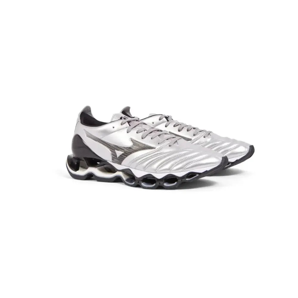 Mizuno Wave Prophecy Morelia Neo in Silver Black front angle view
