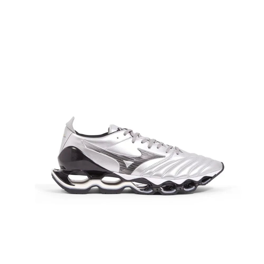 Left side view of Mizuno Wave Prophecy Morelia Neo in Silver Black