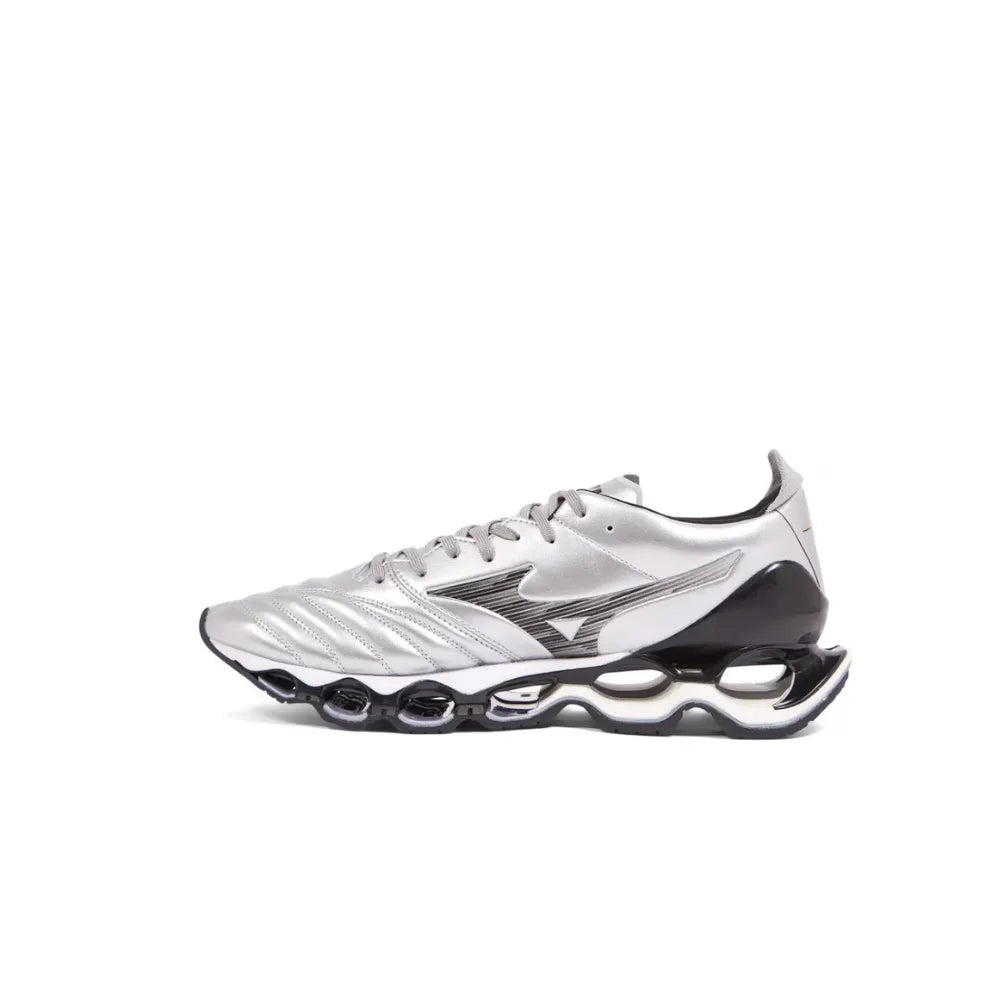 Right side view of Mizuno Wave Prophecy Morelia Neo in Silver Black
