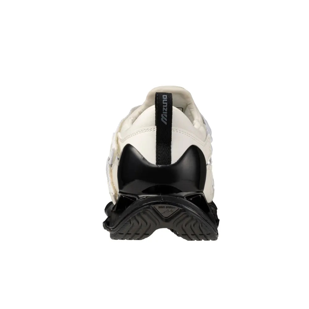 Heel view of Mizuno Wave Prophecy Strap in White Black