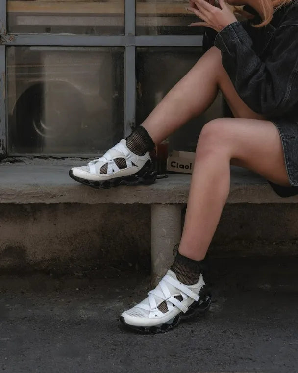 Lifestyle styling with Mizuno Wave Prophecy Strap in White Black