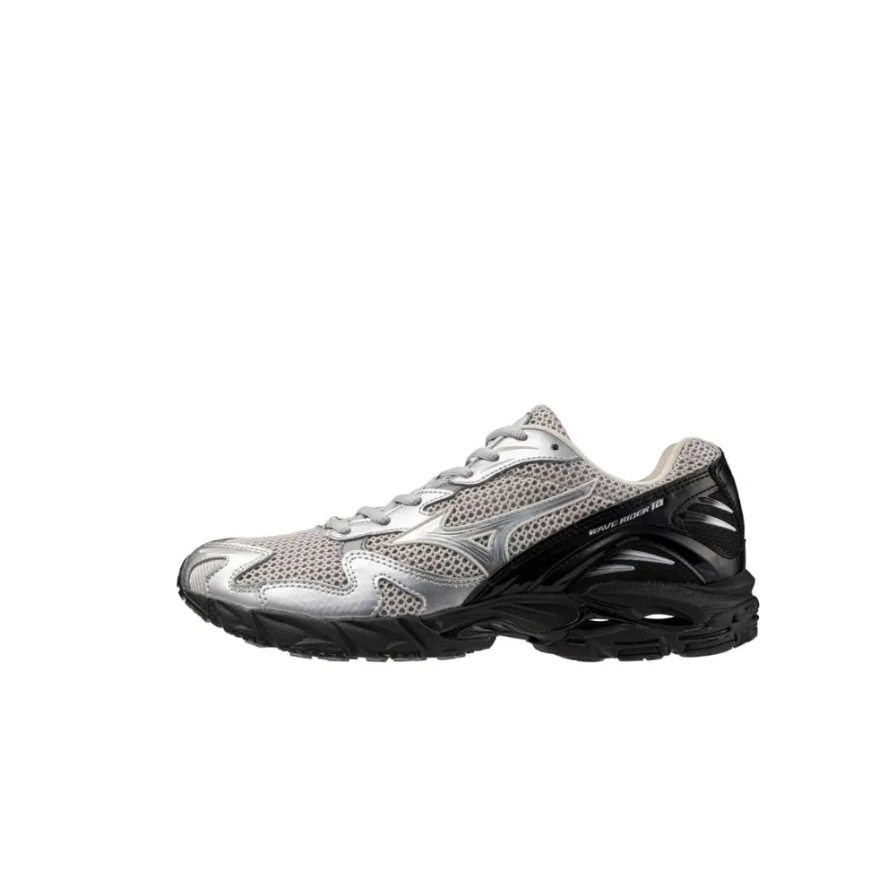 Angle view of Mizuno Wave Rider 10 in Harbor Mist Silver Black