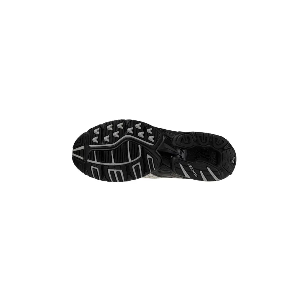 Outsole view of Mizuno Wave Rider 10 in Harbor Mist Silver Black