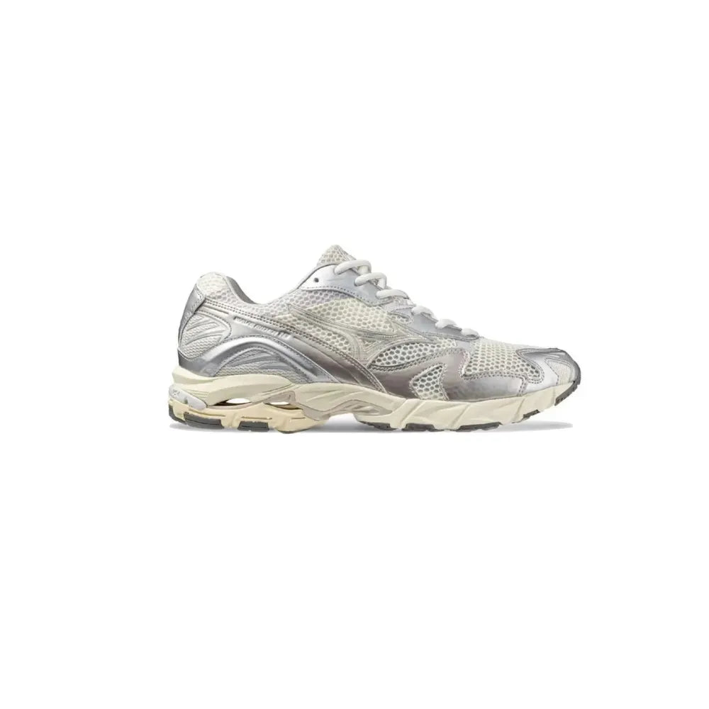Side view of Mizuno Wave Rider 10 in Light Beige Silver